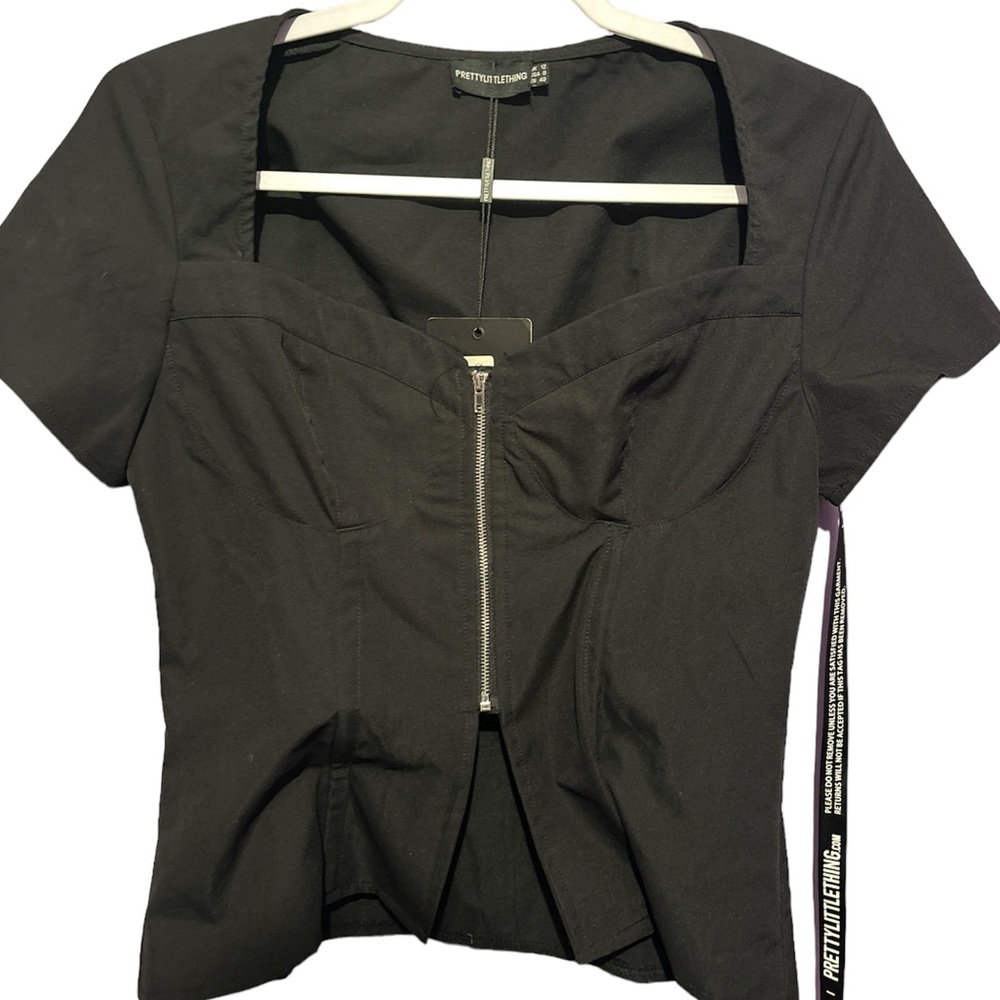 NWT PrettyLittleThing Black Woven Zip Front Corset Top, US 12